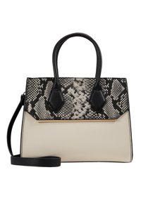 Svart och vit ormskinnsmönstrad handväska med en strukturerad design, jämna detaljer i konstläder, axelhantag och ett avtagbart axelband.
