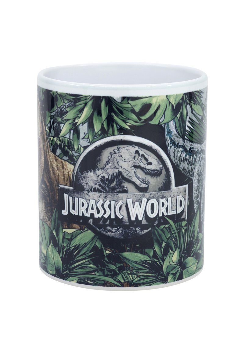 Keramiktasse mit einem Jurassic World Design, grüner Laubumrandung, einem Dinosaurier-Emblem und dem Namen "Jurassic World" in weißem Text.
