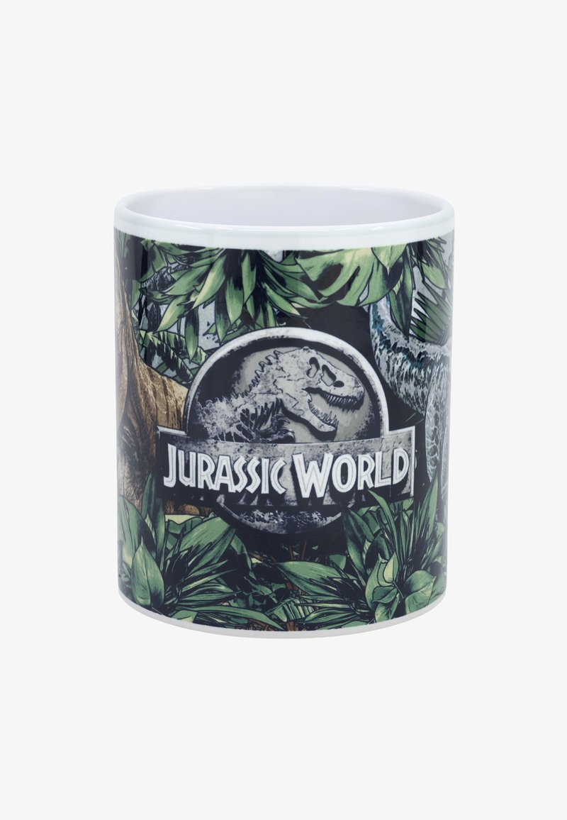Keramiktasse mit einem Jurassic World Design, grüner Laubumrandung, einem Dinosaurier-Emblem und dem Namen "Jurassic World" in weißem Text.