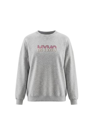 Lysegrå sweatshirt med rund halsudskæring med "MYMO" logo i pink og beige ternet mønster over brystet.