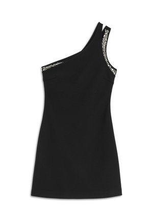 Zwarte one-shoulder jurk met een aansluitend ontwerp, voorzien van een gewatteerde accent langs de schouder gemaakt van kleine decoratieve elementen.