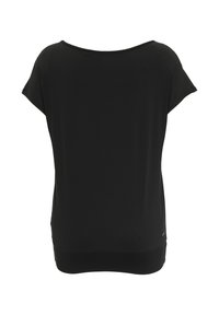 Black short-sleeved top featuring a relaxed fit, scoop neckline, and elastic hem. Made from lightweight, smooth fabric. No visible patterns.