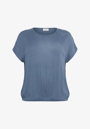 Zils īsām piedurknēm tops ar noapaļotu kakla izgriezumu, mīkstu tekstūru un nedaudz savilktu apakšmalu. Izgatavots no viegla auduma ar gludu virsmu.