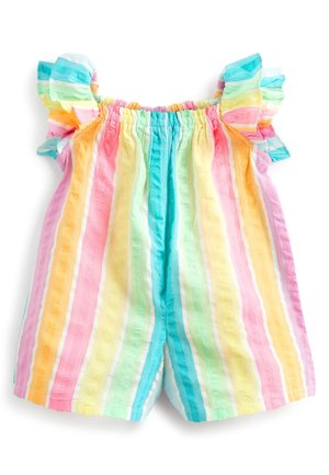 Combinaison à rayures multicolores avec des épaulettes volantes. Tissu doux et léger avec des teintes pastel : rayures roses, jaunes, vertes et bleues.