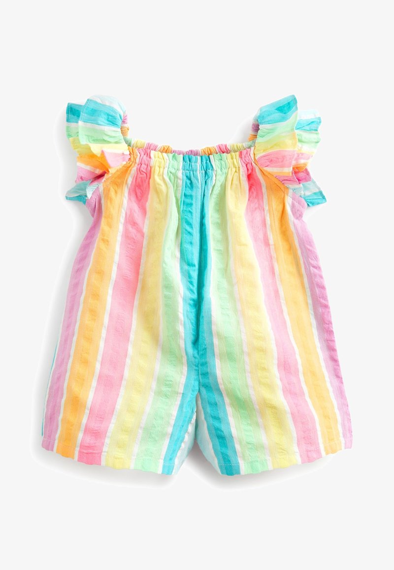 Combinaison à rayures multicolores avec des épaulettes volantes. Tissu doux et léger avec des teintes pastel : rayures roses, jaunes, vertes et bleues.