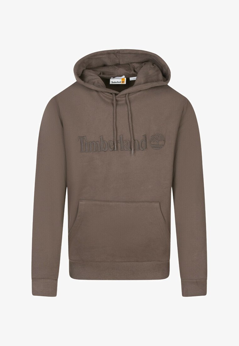 Sweatshirt à capuche marron en tissu doux, avec un logo "Timberland" en relief et une poche kangourou à l'avant. Coupe standard avec des poignets côtelés.
