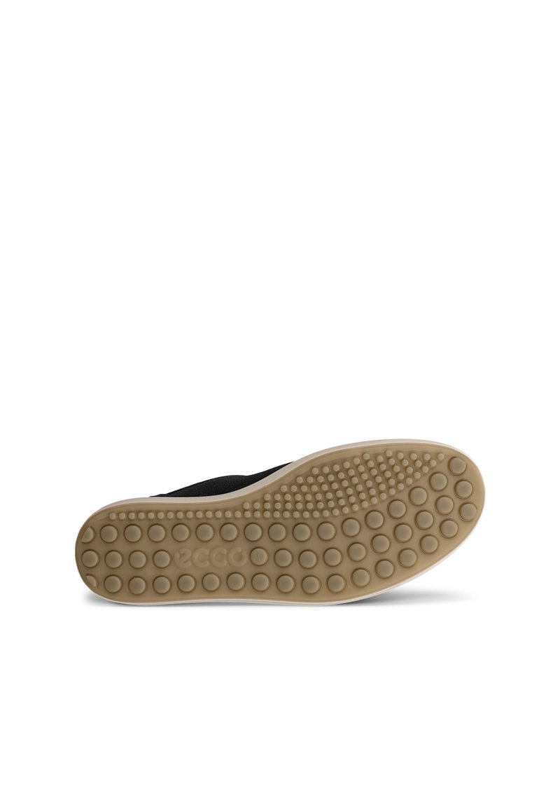 Suela de zapato negra con goma texturizada, con agarres circulares y un color beige claro en la base. Diseño simple con bordes suaves.