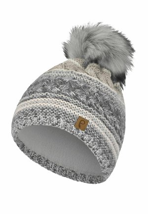 Knitted winter hat with gray and white patterns, fleece lining, and a large gray faux fur pom-pom on top.