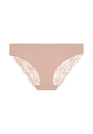 Sous-vêtements beiges pour femmes avec un devant lisse et des détails en dentelle florale sur les côtés et les bords arrière.