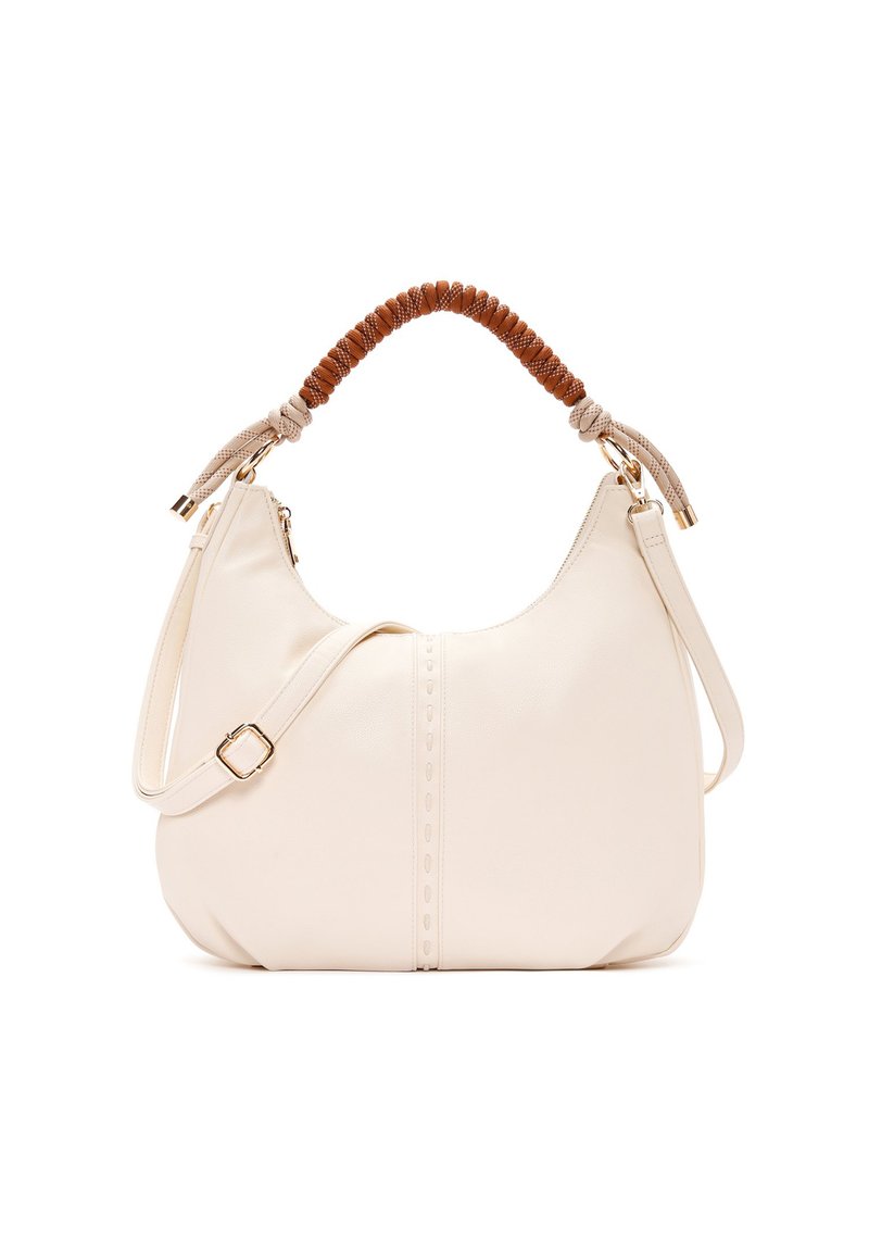 Borsa a spalla in pelle bianca con una forma curva, dotata di un manico intrecciato marrone e una tracolla regolabile. Include una chiusura con cerniera e cuciture decorative.