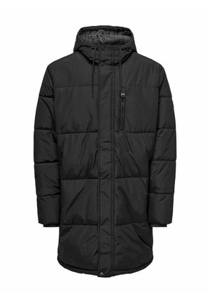 Crna puffer jakna s kapuljačom, koja ima zippered džep na prsima, dugi rukavi i kviltirani dizajn za izolaciju. Glatka vanjska tekstura.