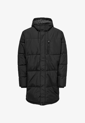 Sort dunjakke med hætte, der har en lynlåslukket brystlomme, lange ærmer og et kviltet design til isolering. Glat overfladetextur.