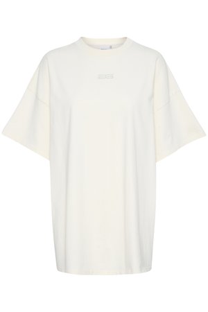 T-shirt blanc oversized en coton avec des manches courtes, présentant un logo subtil sur la poitrine et un décolleté décontracté.