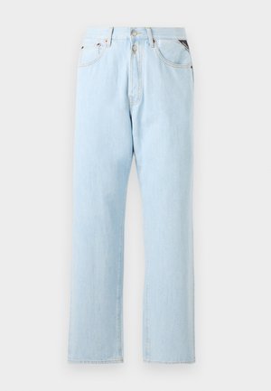 Jeans in denim azzurro chiaro con design a gamba dritta. Presentano una chiusura con bottone e zip, cinque tasche e cuciture a contrasto.
