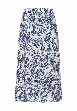 A-linienrock in hellblau mit marineblauem Paisleymuster, mit Knopfleiste und einem weichen, strukturierten Stoff. Mittellange Schnittform.