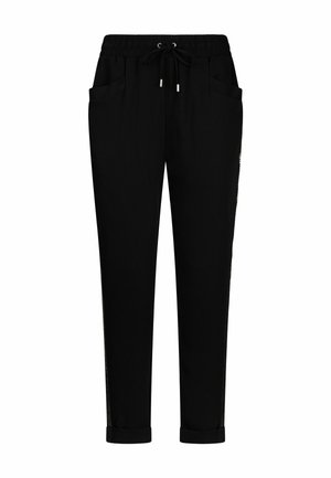 Pantaloni neri con gamba a sigaretta, vita elastica, coulisse, risvolti arrotolati e tasche laterali anteriori.