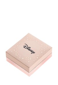 Quadratische, hellrosa Geschenkbox mit silbernen Glitzerpartikeln und dem "Disney"-Logo auf der Oberseite. Satinoberfläche an den Seiten mit einer glatten Textur.