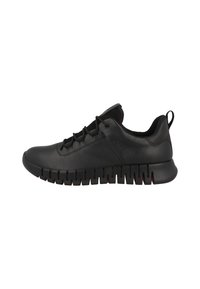 Black leather sneaker with a textured upper, elastic laces, and a ridged rubber sole. Minimalistic design with a pull tab on the heel.