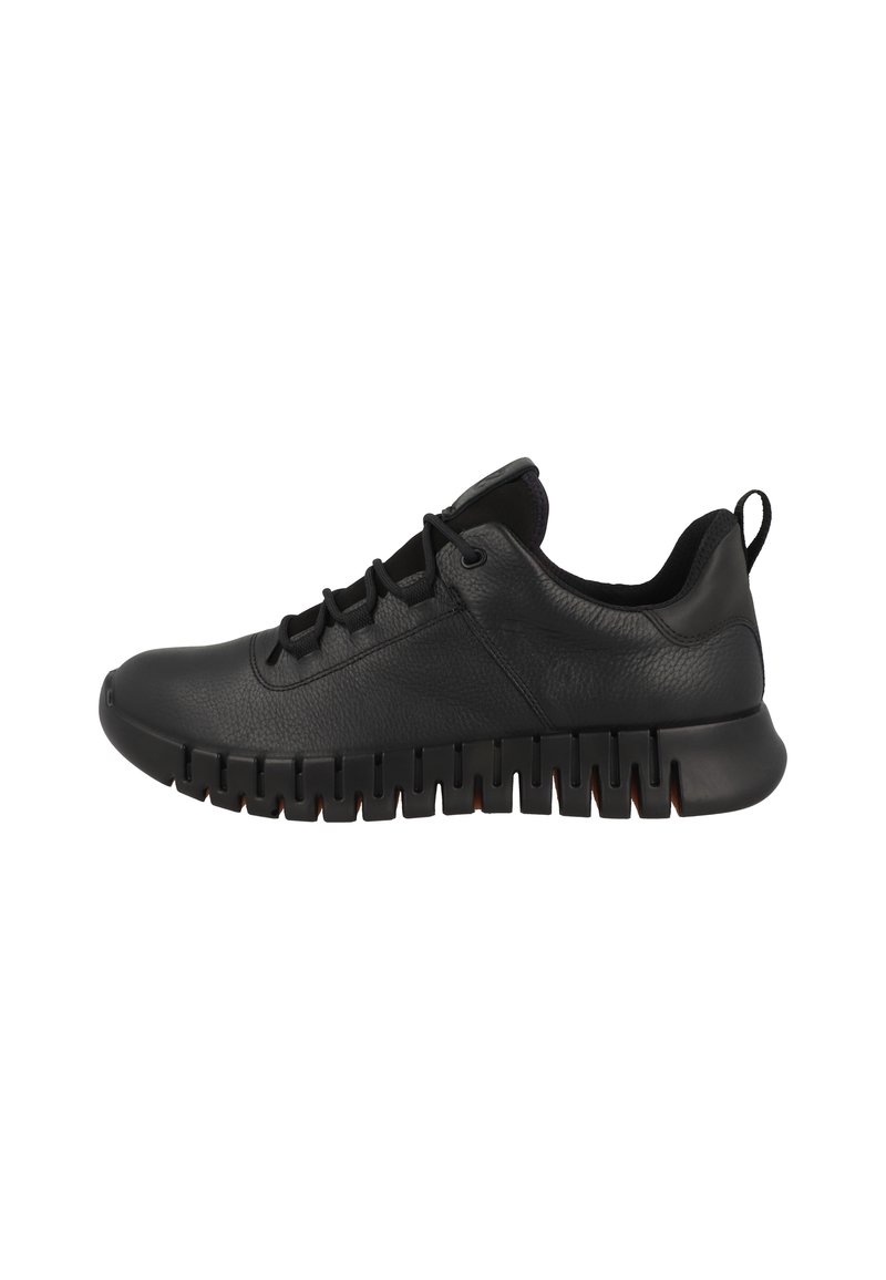 Black leather sneaker with a textured upper, elastic laces, and a ridged rubber sole. Minimalistic design with a pull tab on the heel.
