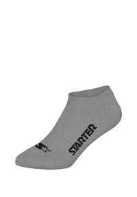 Graue Knöchelsocke mit einem schwarzen "STARTER"-Logo und Sternendesign. Hergestellt aus weichem, dehnbarem Material mit glatter Textur.