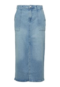 Leren spijkerrok in lichtblauw, met een hoge taille, twee voorklinkers en een rechte snit met een split aan de achterkant.