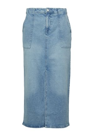 Gonna in denim di colore azzurro, con vita alta, due tasche frontali e una silhouette dritta con uno spacco sull'orlo posteriore.