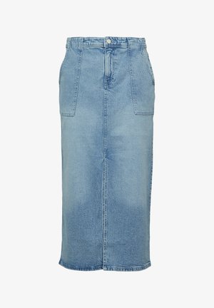 Gonna in denim di colore azzurro, con vita alta, due tasche frontali e una silhouette dritta con uno spacco sull'orlo posteriore.