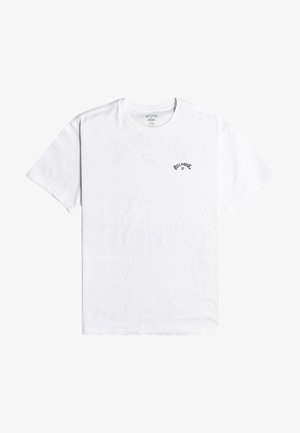 Witte katoenen t-shirt met korte mouwen, een ronde hals en een klein zwart logo op de borst. Glad textuur met een relaxte pasvorm.