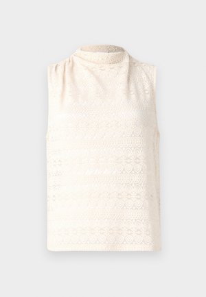 Top bez rukava krem boje izrađen od čipkastog uzorka s visokim izrezom i mekanom teksturom. Sadrži cvjetni dizajn u horizontalnim linijama.