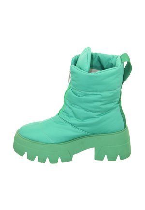 Chunky mint green winter boot with high padded ankle, thick ridged sole, zipper closure, and pull tab at back.
