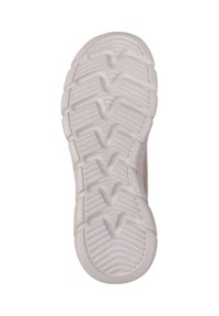 Suola di scarpa in gomma con texture rigata e motivi a V, principalmente bianca con leggeri accenti grigi, progettata per offrire trazione e durata.