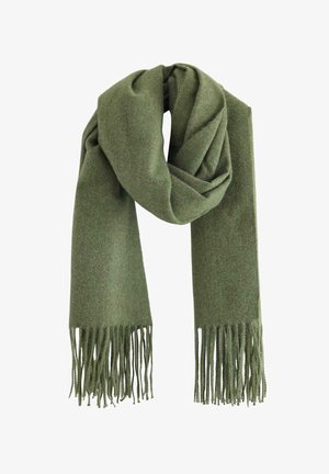 Green wool scarf with a soft texture, featuring a solid design and fringed ends, suitable for warmth and comfort.
