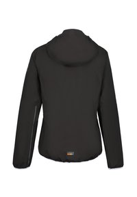 Giacca nera impermeabile con cappuccio, texture liscia, maniche lunghe e dettagli riflettenti. Presenta un orlo inferiore e polsini elasticizzati.
