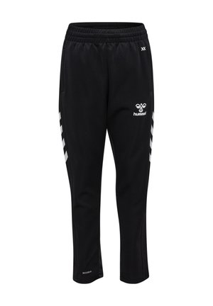 Schwarze Sporthose mit elastischem Bund, weißen Chevron-Streifen an den Seiten und Hummel-Logo am rechten Oberschenkel.