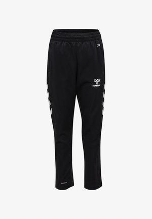 Zwarte sportbroek met elastische tailleband, witte chevronstrepen aan de zijkanten en Hummel-logo op de rechterdij.