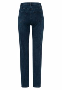 Jeans en denim bleu foncé avec une coupe droite, des coutures doubles visibles, deux poches arrière et une taille standard.