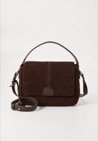 Brown suede handbag with a front flap, a leather accent, and a detachable shoulder strap. Features a structured shape and stitching details.