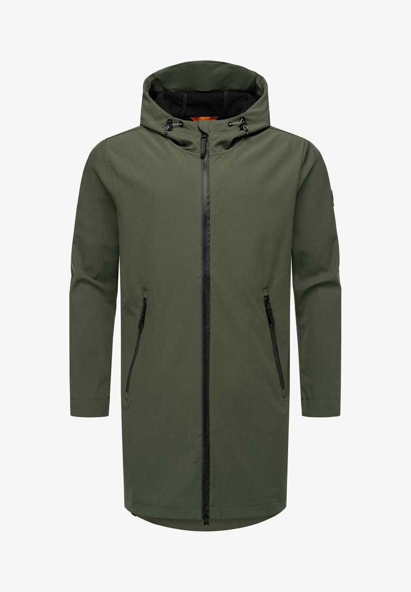 Olivenfarget parka med glidelås foran, justerbar hette, to sidelommer med glidelås og rett snitt. Laget av vannavstøtende stoff.