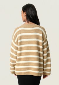 Beige ja valge triibuline kootud sviiter laia lõikega, ribaga kaelusega ja laiaste varrukatega, nähtuna seljalt. Tekstuuriga viimistlus.