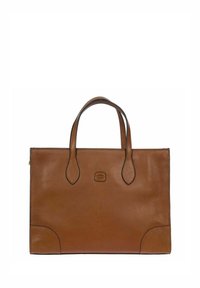 Sac tote en cuir marron avec deux anses supérieures, forme rectangulaire, texture lisse et détails de couture subtils. Présente un logo sur le devant.