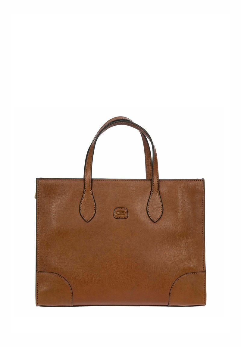 Sac tote en cuir marron avec deux anses supérieures, forme rectangulaire, texture lisse et détails de couture subtils. Présente un logo sur le devant.