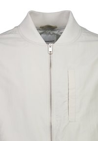 Hellbeige Bomberjacke aus strukturiertem Stoff, mit geripptem Kragen und einem Frontreißverschluss. Hervorgehoben durch eine kleine Brusttasche.