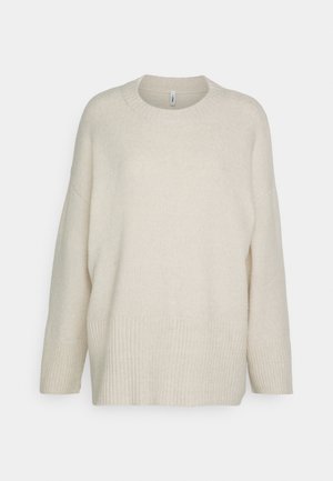 Cremefarbener Pullover aus weichem Strickmaterial, mit geripptem Saum und Bündchen, rundem Halsausschnitt und einem lockeren, entspannten Schnitt.