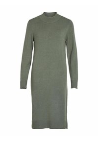 Knit dress in olive green with a high neckline, long sleeves, and ribbed cuffs and hem. Smooth texture and relaxed fit design.