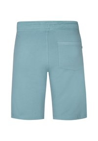 Lichtblauwe katoenen shorts met een elastische tailleband, voorzien van een enkele achterzak en een rechte zoom. Glad, zacht textuur.