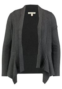 Mörkgrå ribbstickad cardigan med öppen front, långa ärmar och en draperad asymmetrisk fåll.