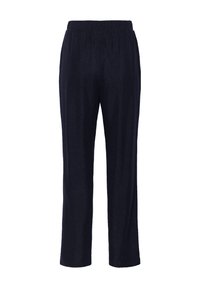 Tamne tamna trenerka s elastičnim pojasom, ravnim nogavicama i blago sjajem. Nema vidljivih džepova ili ukrasa.