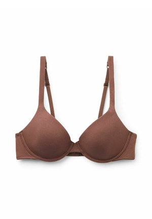 Bruine gevoerde beha met een gladde stof, beugelondersteuning, verstelbare bandjes en een haak-en-oogsluiting aan de achterkant.