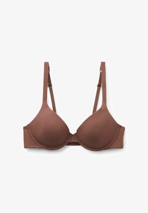 Bruine gevoerde beha met een gladde stof, beugelondersteuning, verstelbare bandjes en een haak-en-oogsluiting aan de achterkant.
