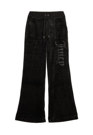 Pantaloni da tuta in velluto nero con design a gamba larga, dotati di una vita regolabile, due tasche frontali e la scritta "Juicy" in strass sul lato.
